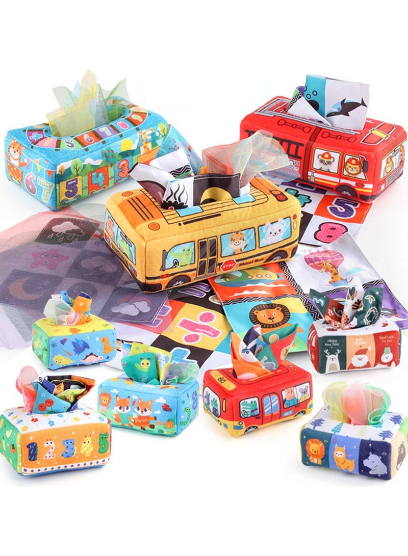 Baby Early Education Cloth Book Tissue Box Sound Paper Square Towel Cognitive Animal English Tear-resistant Children's Cloth Book Toy, 3 Square Towels + 8 Silk Scarves (Car type) - Image 3